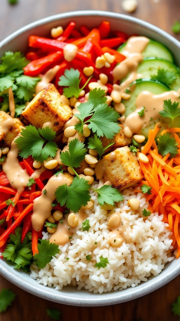 A vibrant Buddha bowl featuring jasmine rice, crispy tofu, and colorful vegetables drizzled with peanut sauce, garnished with peanuts and cilantro.